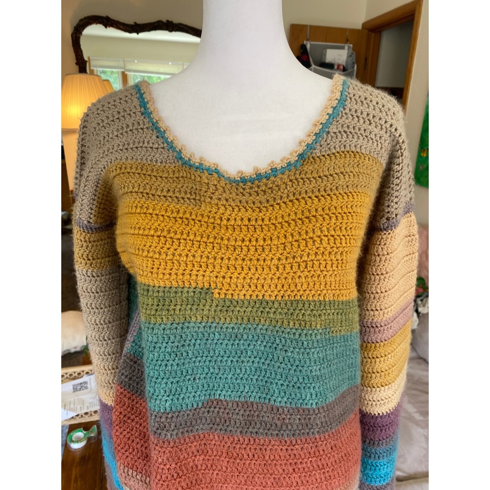 Handmade Crochet Striped Bell Sleeve Sweater Medium Boho Hippie Whimsy Cottage - Picture 4 of 4
